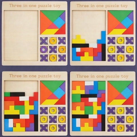 Drewniane Układanki Edukacyjne – Tetris, Kółko i Krzyżyk, Tangram